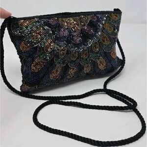 Andre Cellini Clutch Bag Womens Black Gold Beaded Evening Formal Party Vintage